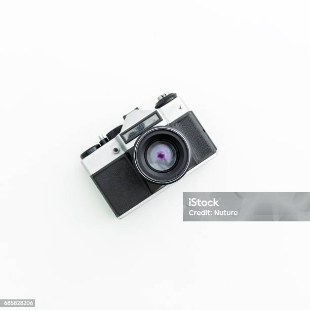 Old Film Camera Flat Lay Top View Stock Photo - Download Image Now - Camera - Photographic Equipment, Flat Lay, White Background