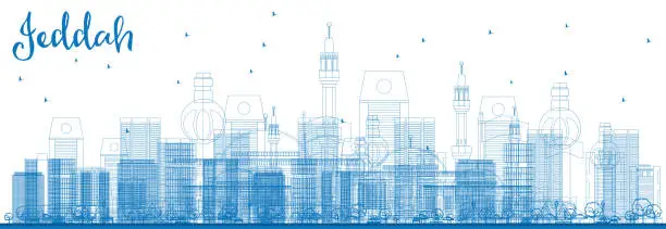 Vector illustration of Outline Jeddah Skyline with Blue Buildings.