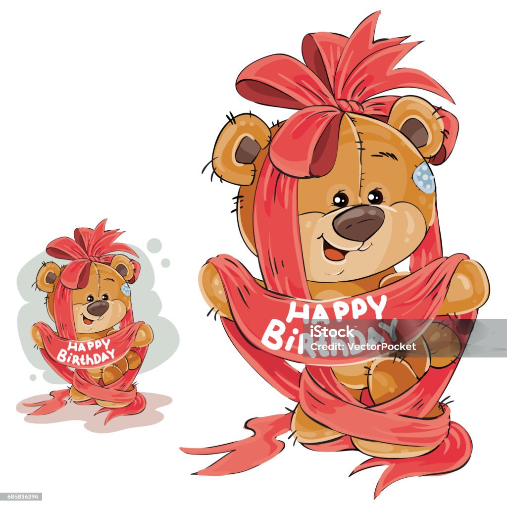 Vector illustration of a brown teddy bear entangled in a red ribbon with the inscription Happy Birthday Vector illustration of a brown teddy bear entangled in a red ribbon with the inscription Happy Birthday. Print, template, design element Animal stock vector