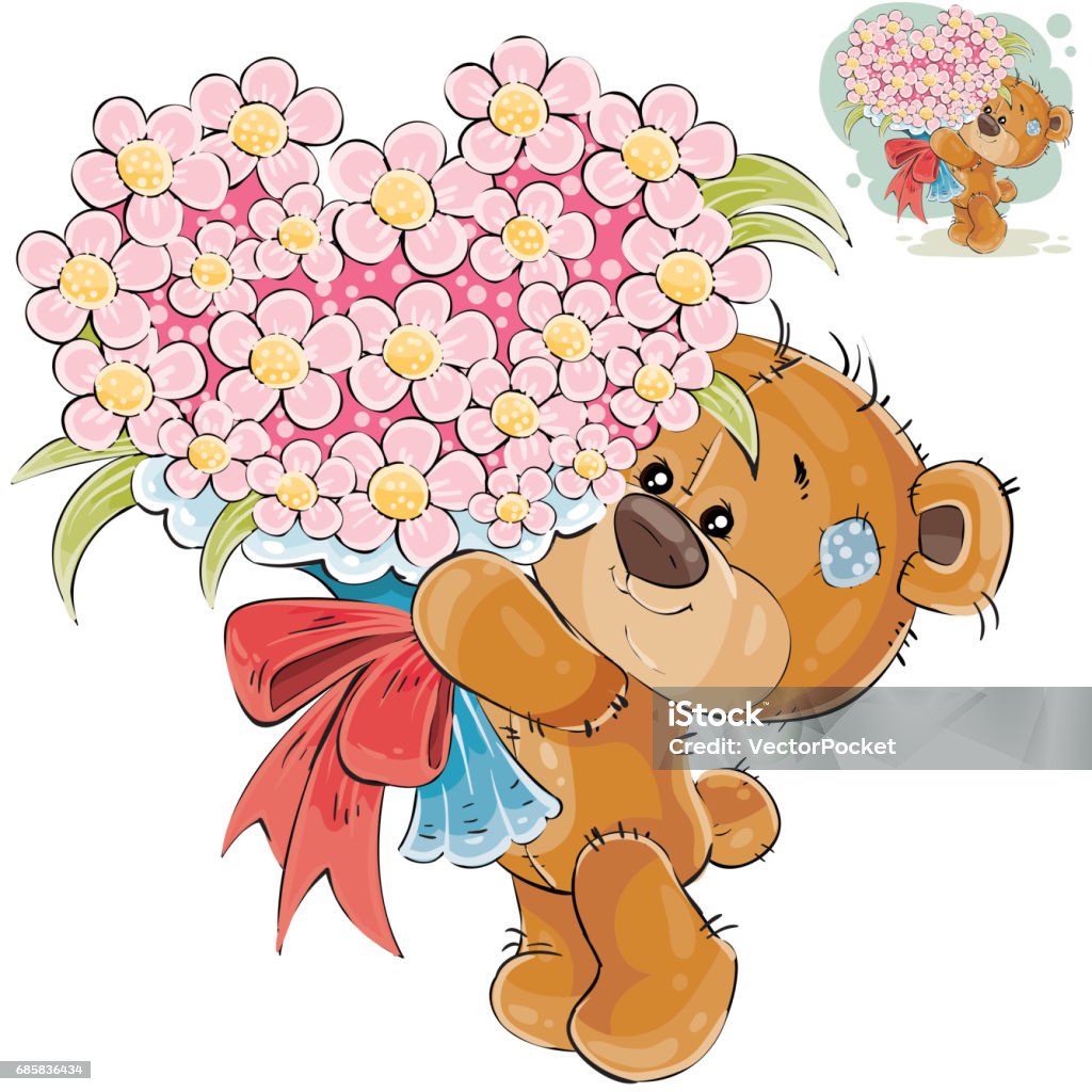 Vector Illustration Of A Brown Teddy Bear Holding In Its Paws A Bouquet Of  Flowers In The Shape Of A Heart Stock Illustration - Download Image Now -  iStock