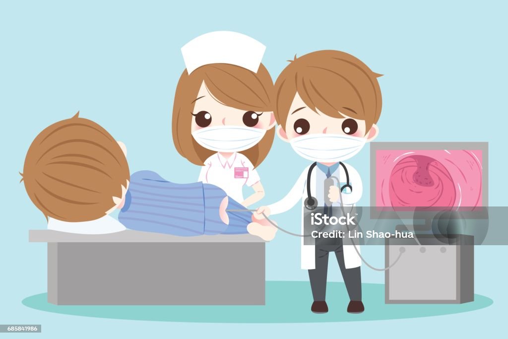 people and intestine cute cartoon doctor and patient with intestine health concept Colonoscopy stock vector