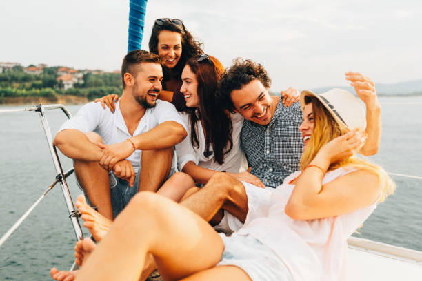 istock Happy friends on a yacht 685842014