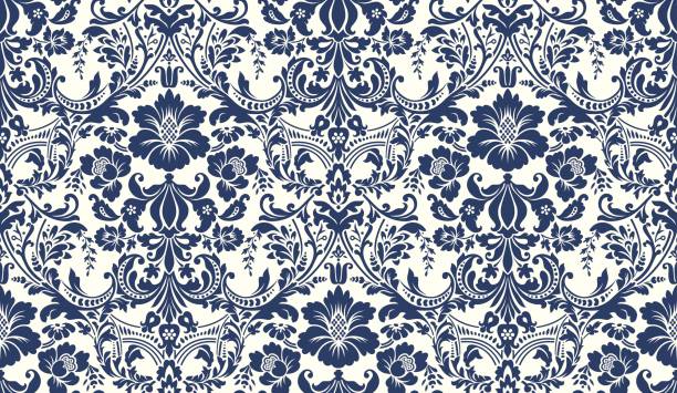 Vector seamless damask pattern. Blue and ivory image. Rich ornament, old Damascus style pattern for wallpapers, textile, Scrapbooking etc. Vector seamless damask pattern. Blue and ivory image. Rich ornament, old Damascus style pattern for wallpapers, textile, Scrapbooking etc. damask stock illustrations