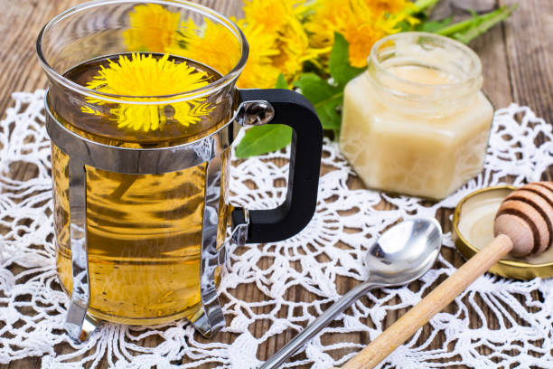 istock Herbal tea and honey from dandelions on wooden background 685845270