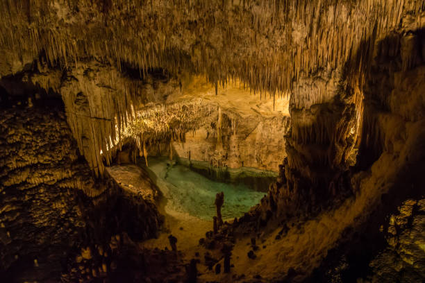A view into guevas drach, Mallorca, wonderful stalactite cave stock photo