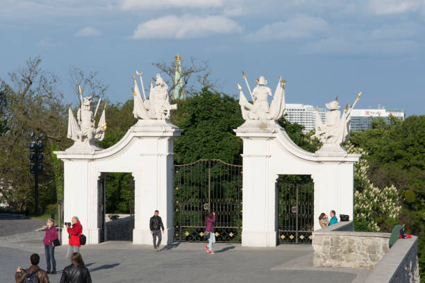 Bratislava, Slovakia, May 9, 2017. An old entrance gate of the Bratislava's castle with some tourists visit it.