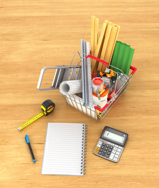 istock Shopping basket full of construction materials and tools near notebook on a wooden background. 3d illustration 685848756