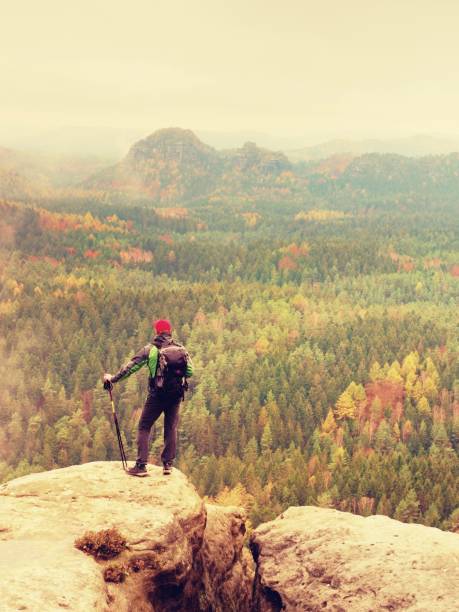istock Tall hiker man with red cap,  poles in hand and with big backpack stand on rock. Misty spring 685849078