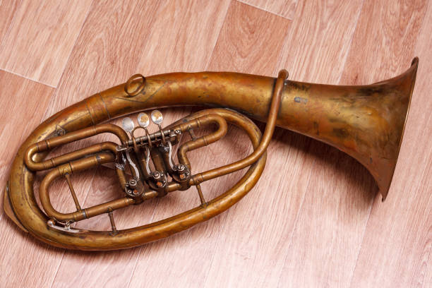 istock old rusty alto saxhorn on wooden background 685849388