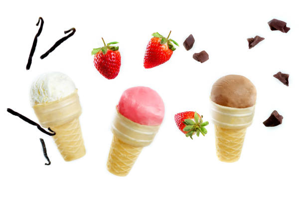 istock Strawberry, Vanilla and chocolate ice creams with flying slices 685849920