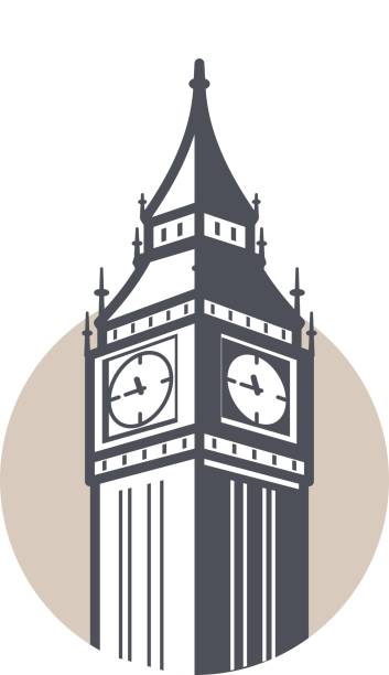 ilustraciones, imágenes clip art, dibujos animados e iconos de stock de el big ben, londres, emblema icono de diseño plano - houses of parliament london london england famous place panoramic