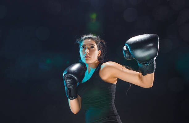 istock The female boxer training at sport club 685850164