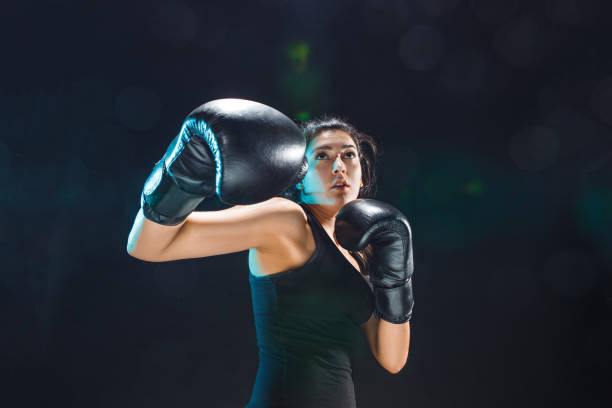 istock The female boxer training at sport club 685850202