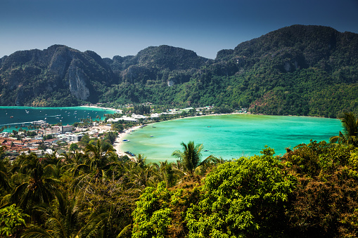 travel vacation background - Tropical island with resorts - Phi-Phi island, Krabi Province, Thailand