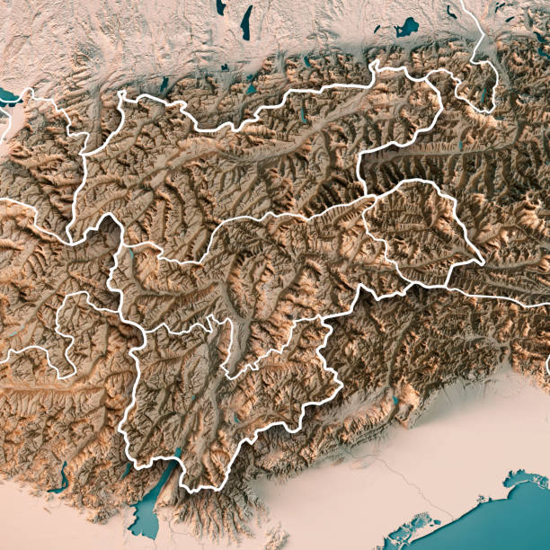 europaregion tirol-südtirol-trentino render 3d mapa topográfico frontera neutral - austria map topography satellite view fotografías e imágenes de stock