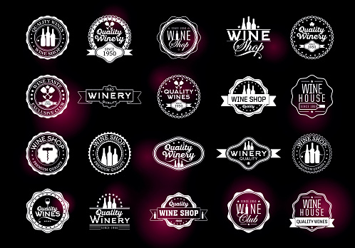 Set of icons for its wine business. Shop, wine cellar, quality label, wine tasting, wine list or event. Vintage style. Vector