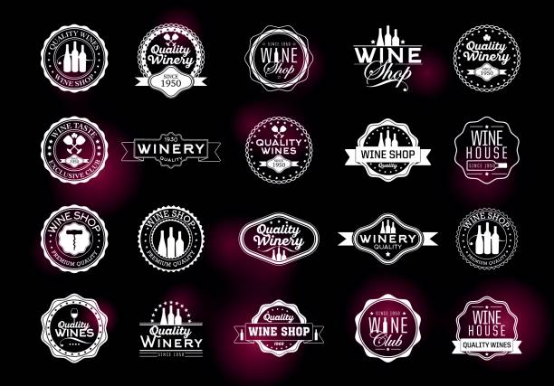 Set of icons for its wine business Set of icons for its wine business. Shop, wine cellar, quality label, wine tasting, wine list or event. Vintage style. Vector wine tasting stock illustrations