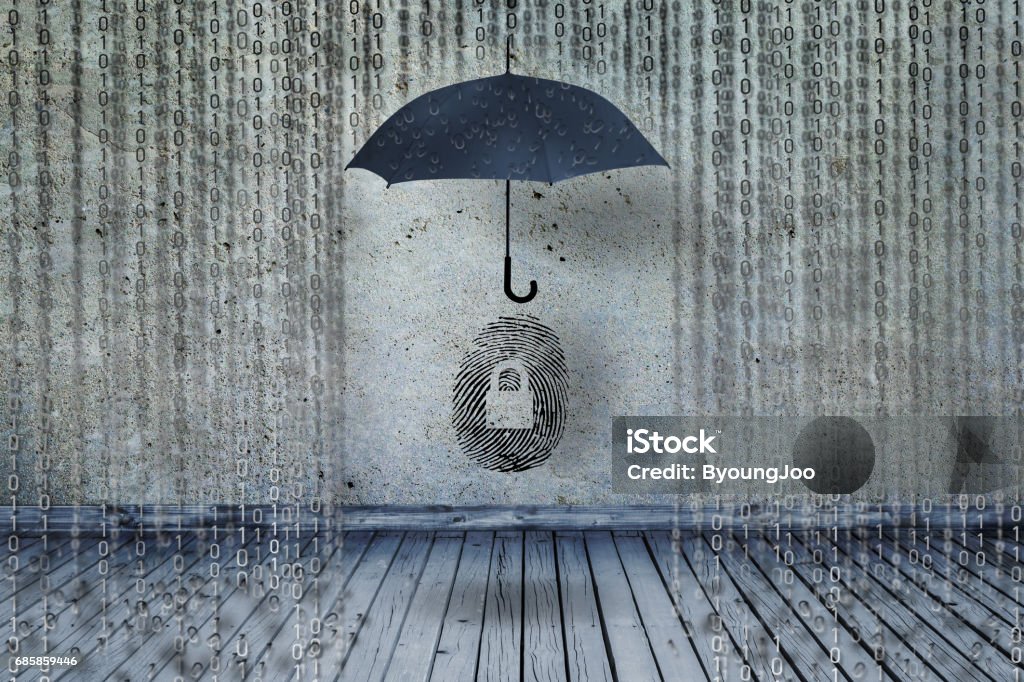 protecting idendity fingerprints or id fraud from binary codes as like rain, guarding identity symbol and personal information Network Security Stock Photo