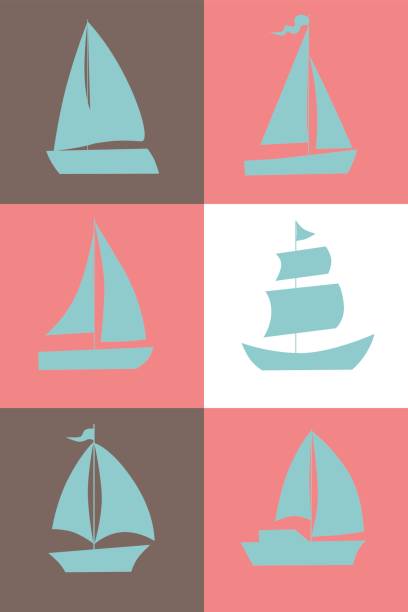 Set of six sailing ship silhouettes isolated located in square sections. Vector Illustration Set of six sailing ship silhouettes isolated located in square sections. Vector Illustration ferry nautical vessel industrial ship sailing ship stock illustrations