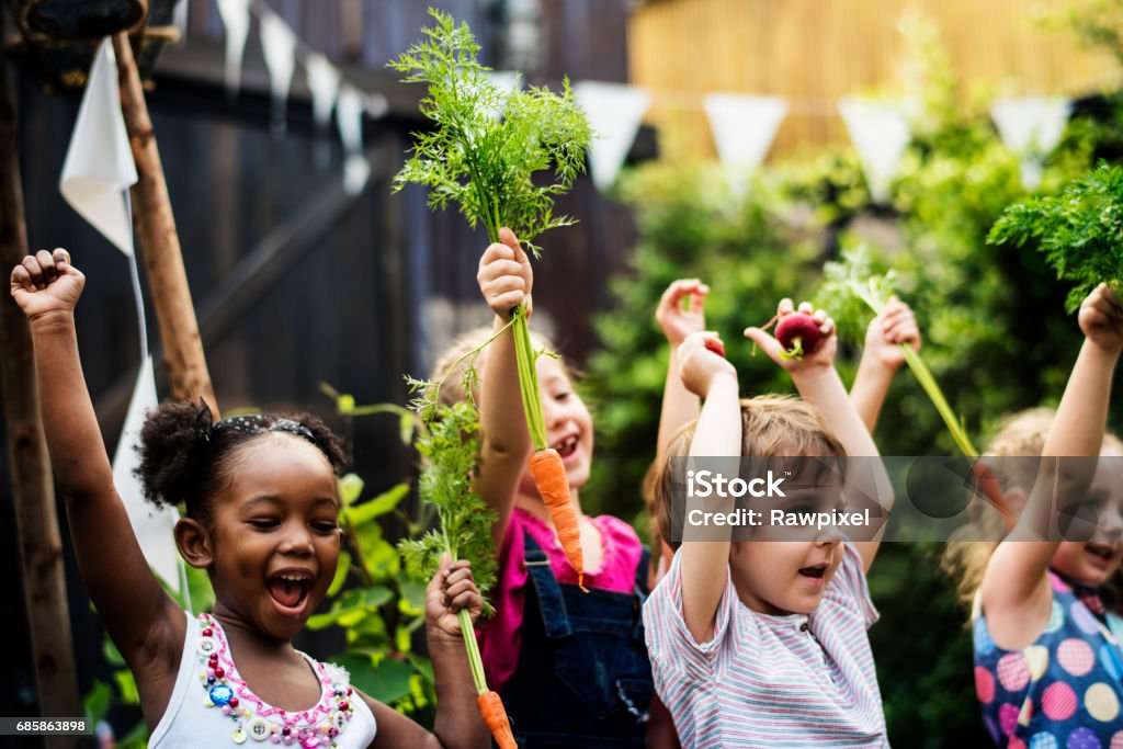 Kids in a vegetable garden with carrot Child Stock Photo