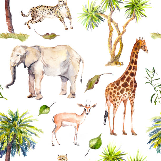 팜 나무와 사바나 동물-기린, 코끼리, 치타, 영양. 동물원 완벽 한 패턴입니다. 수채화 - zoo animal safari giraffe stock illustrations