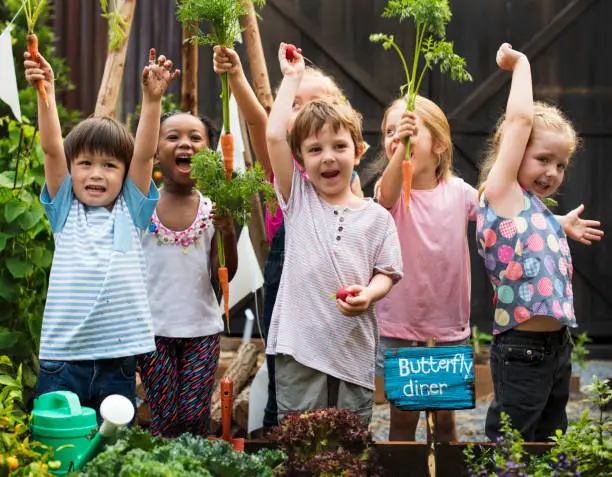 Children holding carrot in a garden