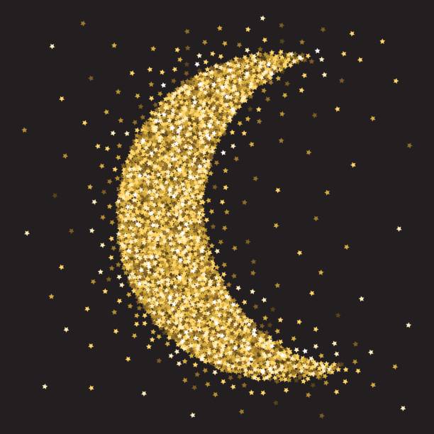 Gold Stars Glitter Big Moon Ornament An original artwork vector illustration of a gold stars glitter - manually created. This gold glitter Moon Ornament can be use for your design - postcard, invitation, poster or flyer. moon dust stock illustrations