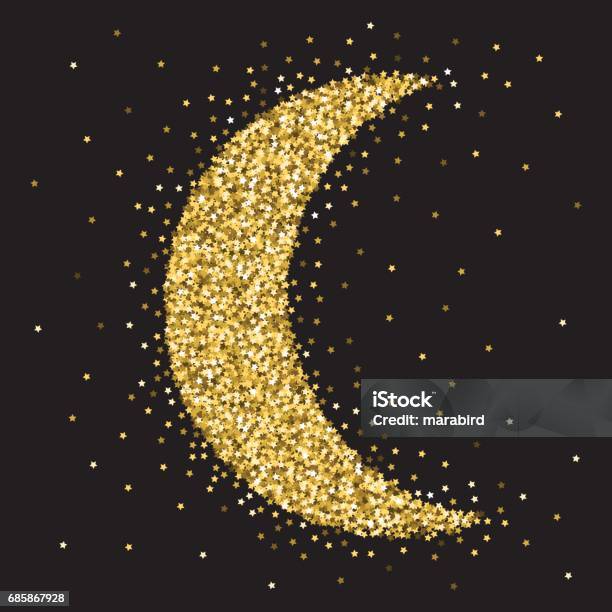 Gold Stars Glitter Big Moon Ornament Stock Illustration - Download Image Now - Glittering, Moon, Glitter