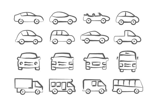Car doodle icons Car icons in doodle style on white ford truck black stock illustrations