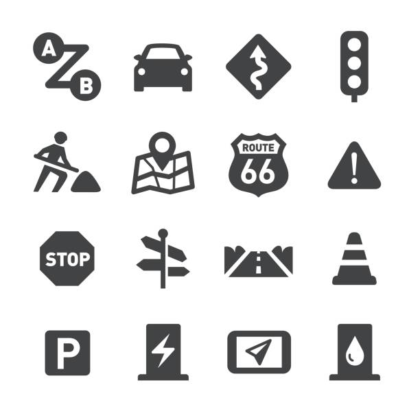 ikony road trip - seria acme - directional sign road sign sign crossroad stock illustrations