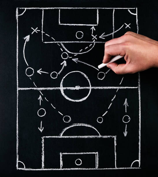 Strategy of football or soccer play tactics, drawn by chalk on the chalk board with a football coach during the time out Strategy of football or soccer play tactics, drawn by chalk on the chalk board with a football coach during the time out board eraser photos stock pictures, royalty-free photos & images