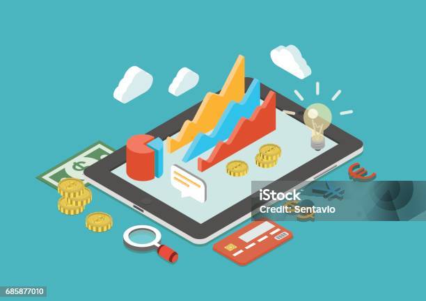 Flat 3d Isometric Business Analytics Finance Analysis Sales Statistics Monetary Concept Infographic Vector Collage Icons Chart Graphs Tablet Coins Credit Card Dollar Banknote Currency Signs Stock Illustration - Download Image Now