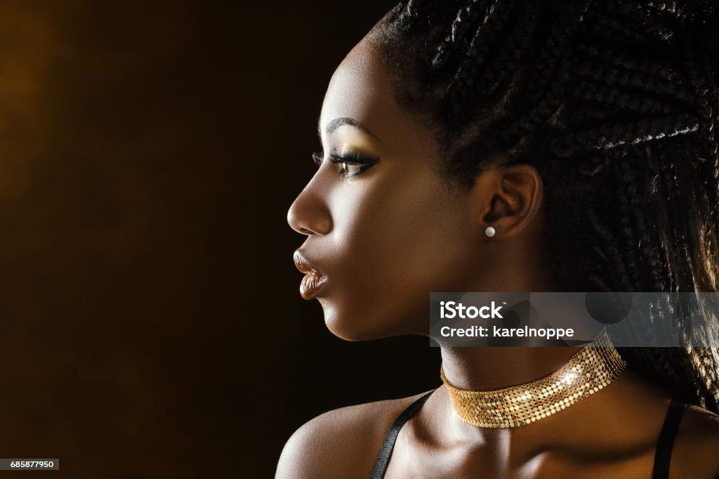 Studio profile beauty portrait of african girl. Close up sensual studio portrait of beautiful young african girl.Side view of woman with braided hairstyle. African Ethnicity Stock Photo