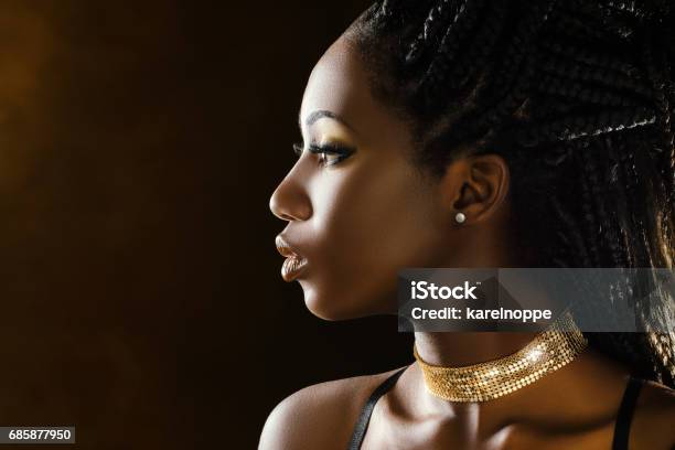 Studio Profile Beauty Portrait Of African Girl Stock Photo - Download Image Now - African Ethnicity, Gold - Metal, African-American Ethnicity