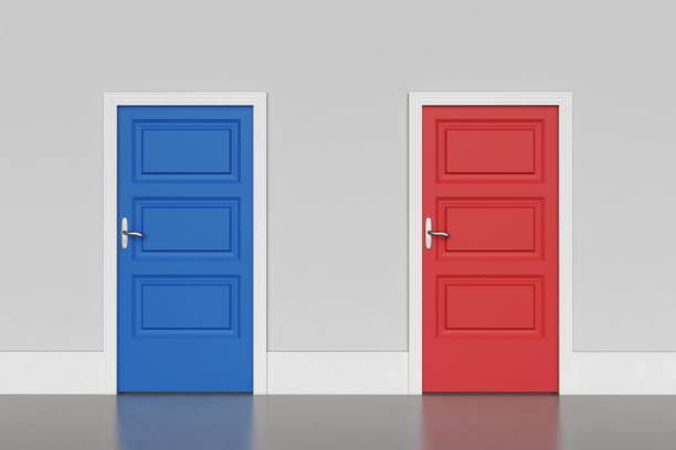 Blue and red doors Blue and red doors, concept of choice. 3D rendering blue house red door stock pictures, royalty-free photos & images