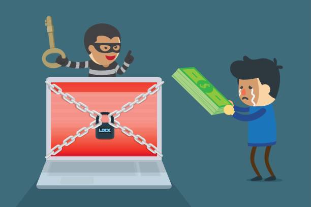 Money payments to exchange with key to unlock computer. Cyber criminal demand money payments to exchange with key to unlock computer systems. money cry stock illustrations