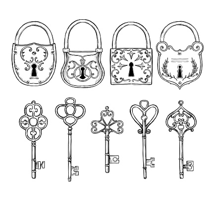 Hand sketched vector illustrations - collections of vintage keys and locks. Design elements with decorative symbols. Medieval keys. Retro clipart. Perfect for invitations, magazins, postcards, prints