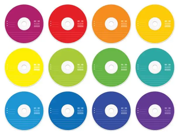 Vector illustration of CD with colored blank labels - set of twelve CDs or DVDs - external media data collection storage for music, films, photos, documents or any video and audio information - isolated vector on white.