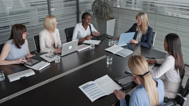 CS Six women of different ethnicity in a project meeting in the conference room
