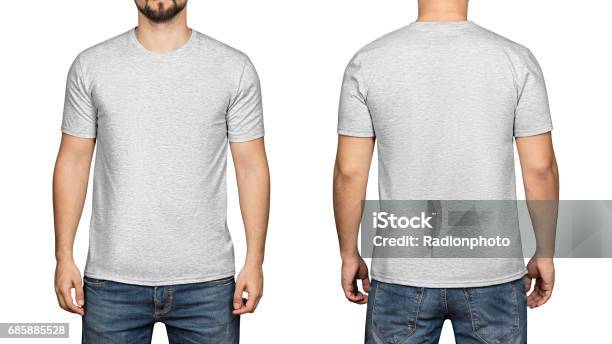 Graues Tshirt Auf Einen Jüngling Weißen Hintergrund Vorder Und Rückseite Stockfoto und mehr Bilder von T-Shirt