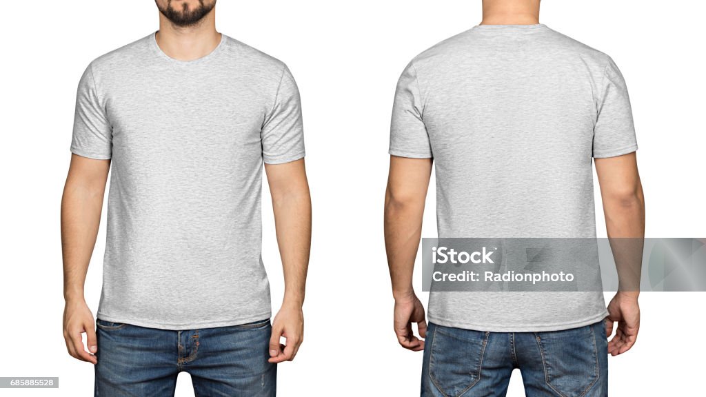 T-shirt gris sur un fond blanc jeune homme, le recto et le verso - Photo de T-Shirt libre de droits