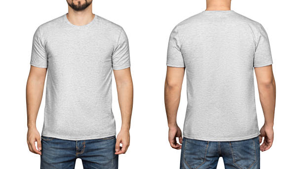 Gray t-shirt on a young man white background, front and back stock photo