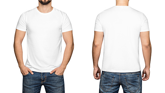 White t-shirt on a young man isolated white background, front and back
