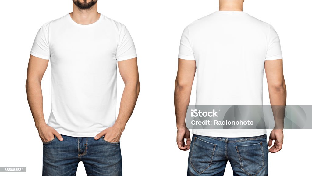 White t-shirt on a young man white background, front and back White t-shirt on a young man isolated white background, front and back T-Shirt Stock Photo