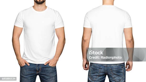 White Tshirt On A Young Man White Background Front And Back Stock Photo - Download Image Now