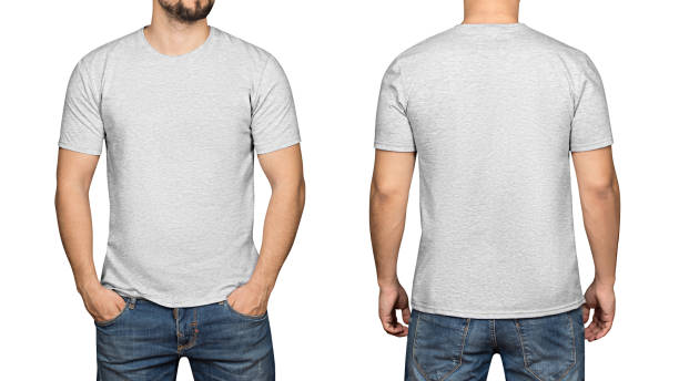 istock Gray t-shirt on a young man white background, front and back 685885972