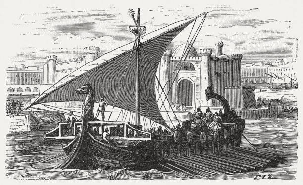 Arrival of Phoenician merchants in a port, published in 1880 Arrival of Phoenician merchants in a port. Wood engraving, published in 1880. phoenicia stock illustrations