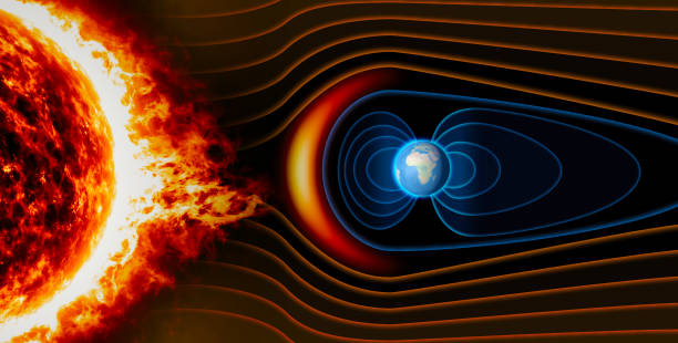 Earth's magnetic field, the Earth, the solar wind, the flow of particles stock photo