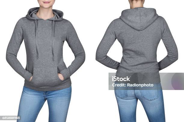 Young Girl In Gray Sweatshirt Hoodies White Background Stock Photo - Download Image Now