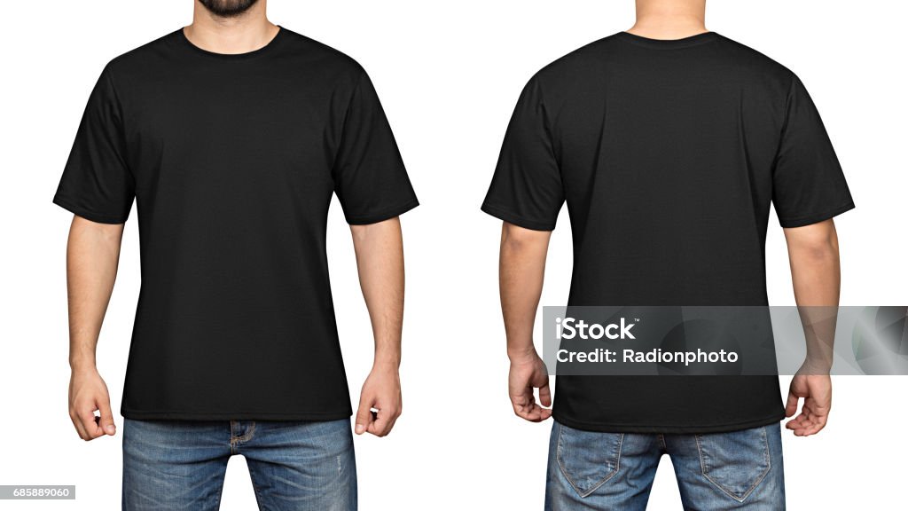 black t-shirt on a young man white background, front and back black t-shirt on a young man isolated white background, front and back T-Shirt Stock Photo